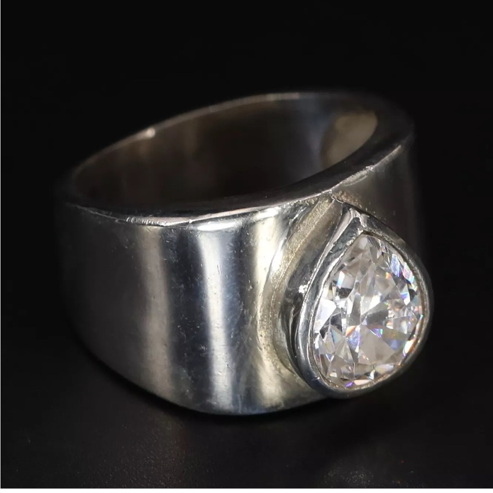 Sterling silver solitaire wide Ring with Teardrop CZ wide size 8